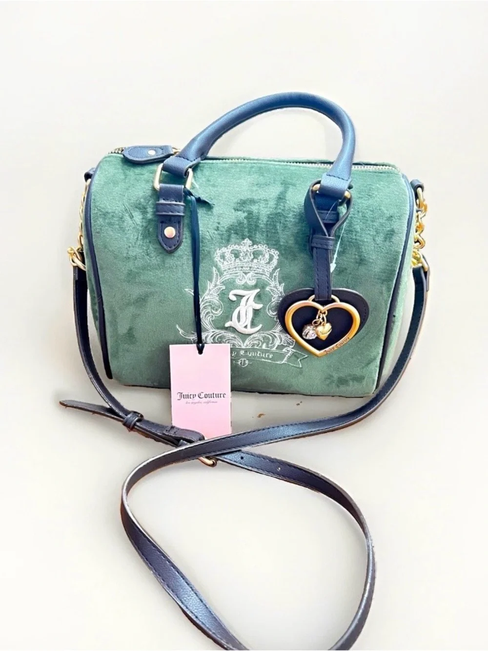 Juicy Couture Green Velvet Satchel with Navy Trim & Heart Charm